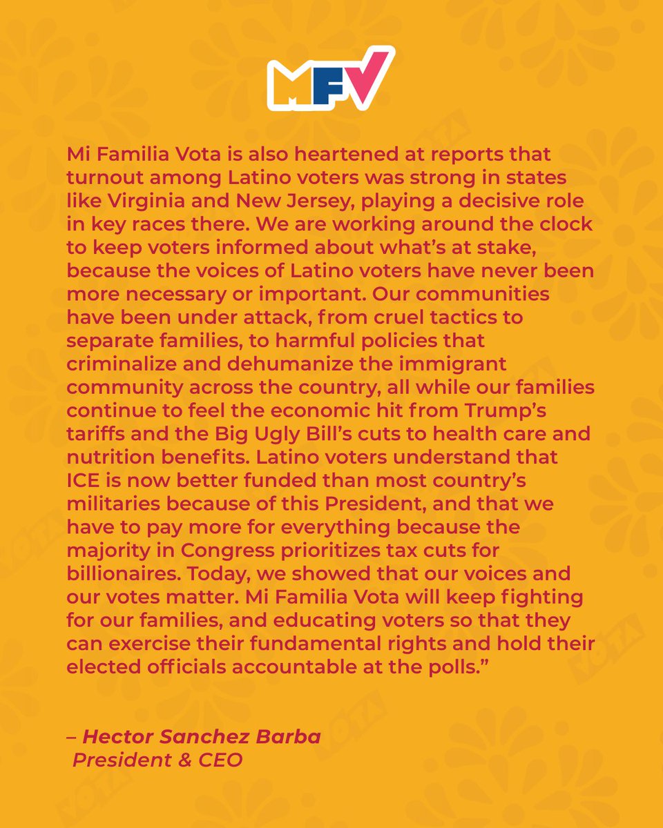 Mi Familia Vota President and CEO @hesanche praised the strong turnout in California against Donald Trump’s partisan gerrymandering, and strong Latino turnout in other races around the country: mifamiliavota.org/2025-elections…