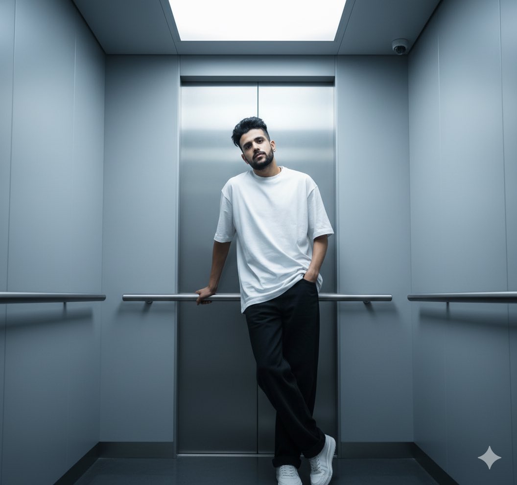 Sheldon056's tweet photo. Gemini Nano Banana prompt:

Create a stylish portrait of of a stylish young person from uploaded image, wearing a oversizedwhitet-shirtand broad (oversized) blackjeanspaint and white sneakers. They are leaning casually against a silver handrail in a minimalist, modern elevator with light grey walls and a bright rectangular ceiling light.
The elevator doors are closed. High contrast, sharp focus, futuristic fashion, editorial photography, high detail, photorealistic --ar 4:5