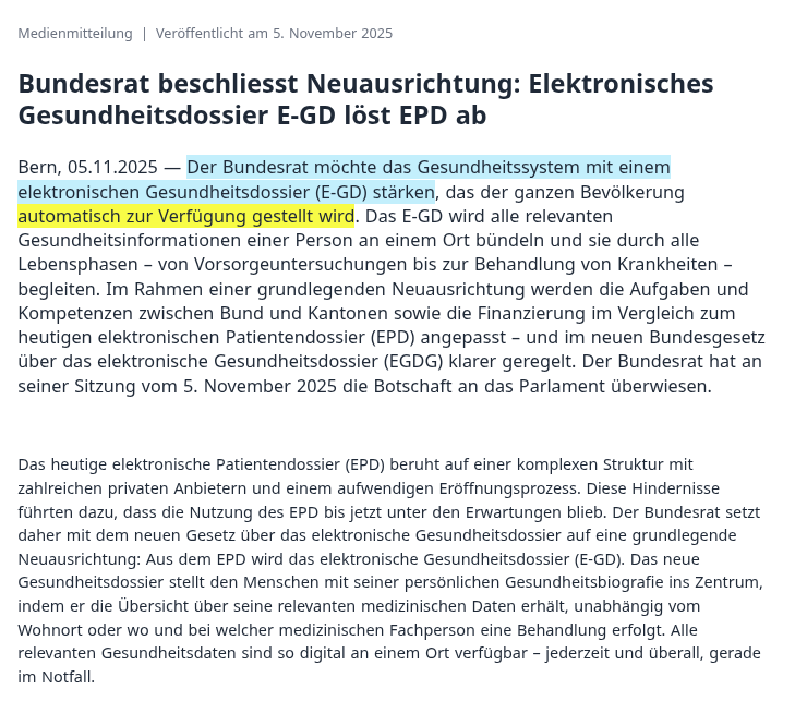 barbouillech's tweet photo. "Bundesrat beschliesst Neuausrichtung: Elektronisches Gesundheitsdossier E-GD löst EPD ab"
➡https://t.co/CM9ZbhLCFu
Das #EPD landet im Müll.
Das #EGD ist für 2030 geplant. Und wird genau so scheitern. https://t.co/9nwj2oSZFF