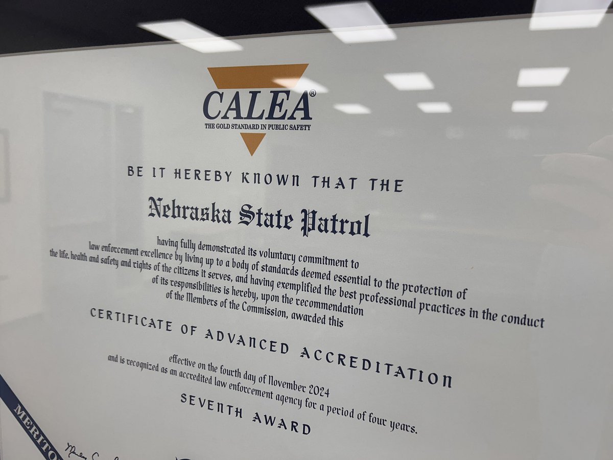 NSP is one of fewer than 10% percent of police agencies nationally to receive the gold standard of law enforcement accreditation - <a href="/CALEA_org/">CALEA</a>. 

As part of our annual accreditation review, NSP welcomes public feedback here: statepatrol.nebraska.gov/divisions/offi…

Proud to #PatrolTheGoodLife!