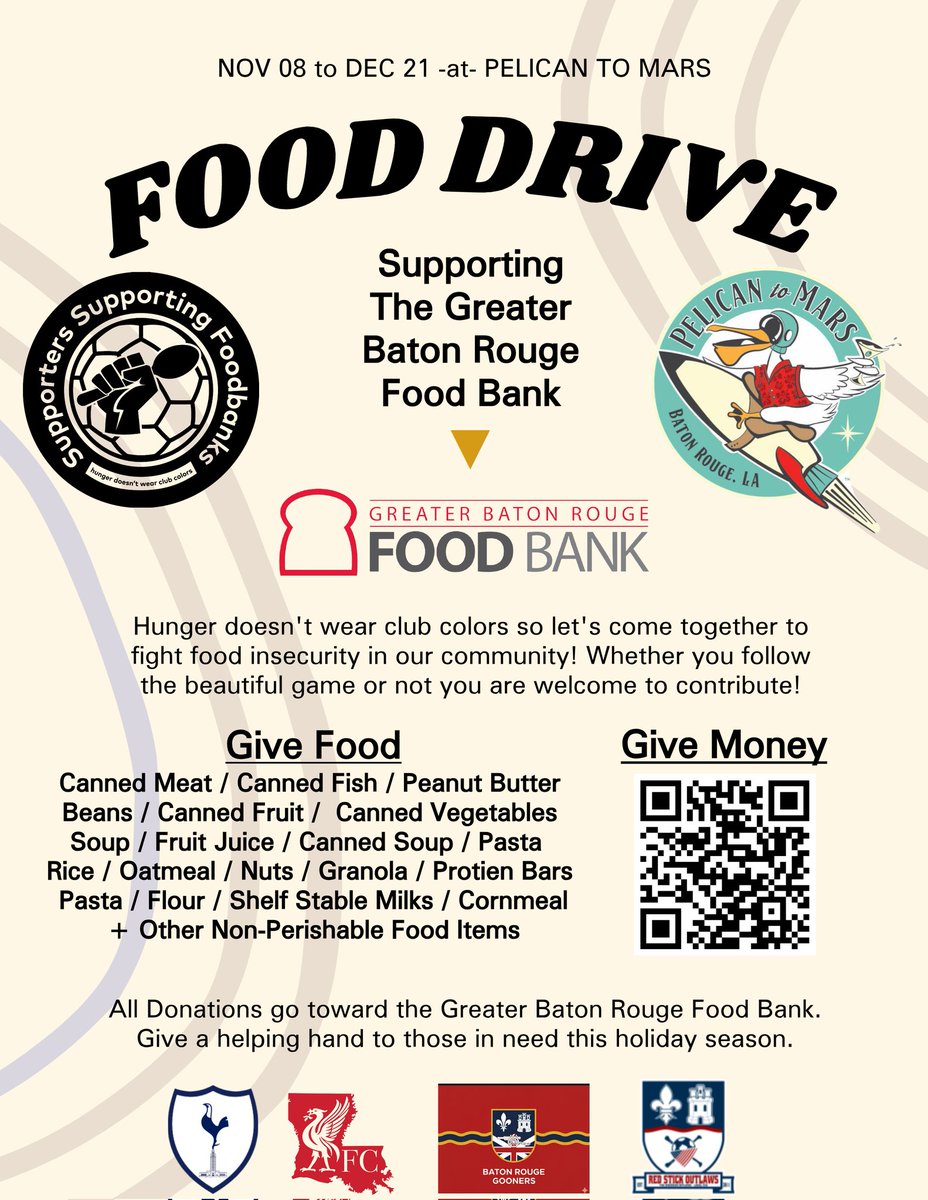 We along with other local clubs will be hosting a food drive in support of the Greater Baton Rouge Food Bank. For some, getting access to food is difficult during the holidays, especially now. Show your support for our community by donating to the food drive this holiday season!!