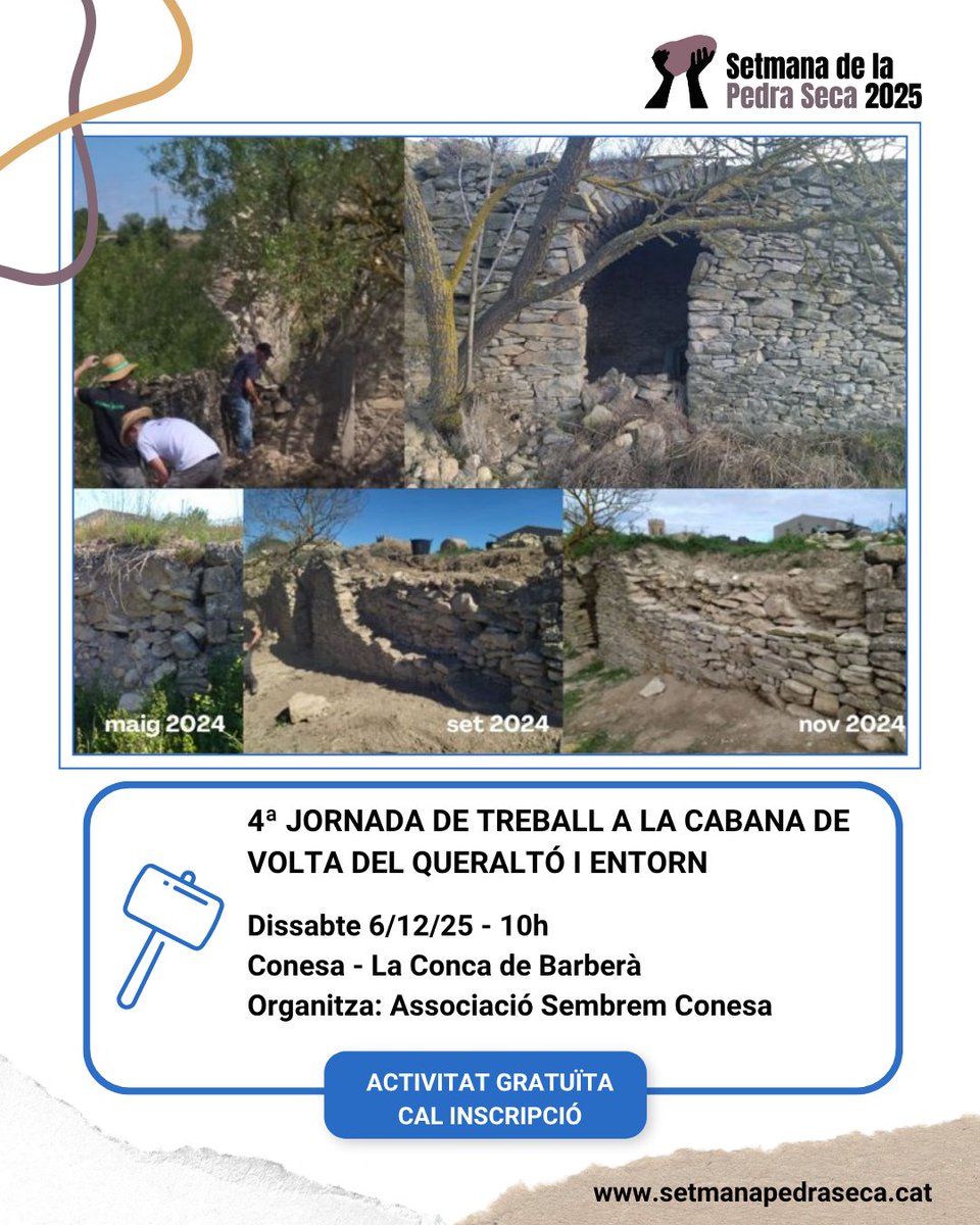 SetmPedraSeca's tweet image. 🔵APRENENTATGE
⚒️ 4ª Jornada de treball a la cabana de volta del Queraltó i entorn

🗓6/12
⏰10h
📍Conesa
📌Organitza: Associació Sembrem Conesa
➕Info, calendari i mapa👇
setmanapedraseca.cat/activitats/age…

#SetmanaPedraSeca25 #PedraSeca