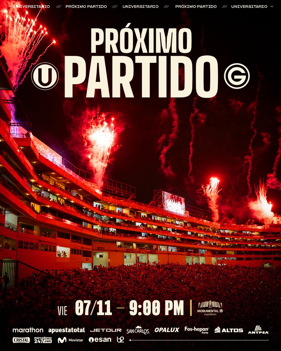 Universitario's tweet image. 🔜 𝗣𝗥𝗢́𝗫𝗜𝗠𝗢 𝗣𝗔𝗥𝗧𝗜𝗗𝗢 𝗖𝗥𝗘𝗠𝗔

⚽ 𝘜𝘯𝘪𝘷𝘦𝘳𝘴𝘪𝘵𝘢𝘳𝘪𝘰 𝘷𝘴. 𝘋𝘦𝘱. 𝘎𝘢𝘳𝘤𝘪𝘭𝘢𝘴𝘰

🏆 𝘊𝘭𝘢𝘶𝘴𝘶𝘳𝘢 2025 - 𝘍𝘦𝘤𝘩𝘢 18

📅 𝘝𝘪𝘦𝘳𝘯𝘦𝘴 7 𝘥𝘦 𝘯𝘰𝘷𝘪𝘦𝘮𝘣𝘳𝘦  

⏱️ 9:00 𝘱.𝘮.

🏟️ @Monumental_U_ 

🎟️ bit.ly/47KhgCn

#TricampeUnes…