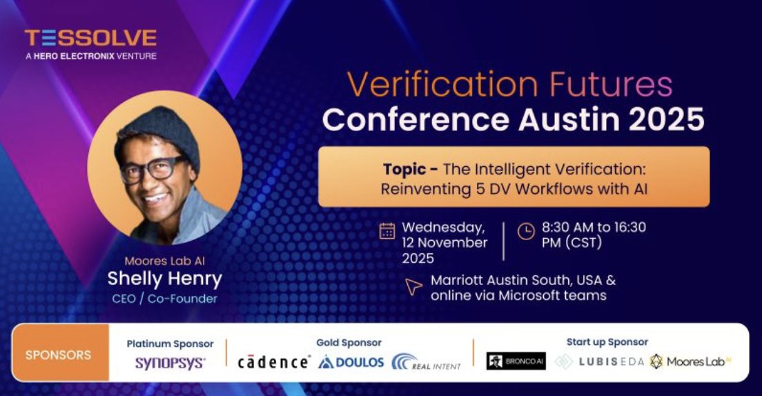 mooreslabai's tweet image. We’re honored to have our CEO Shelly Henry on the Verification Futures speaker lineup. He’ll share how intelligent verification can reinvent five DV workflows with practical examples you can bring back to your team. 

Verification now sets the pace of delivery and the confidence…