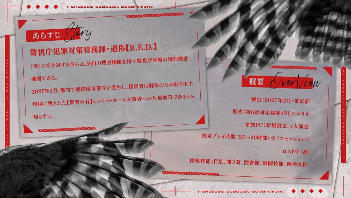 shinyojurin7's tweet photo. #月初めだし自作シナリオ宣伝する 

CoC6th
◢◤ R∈D（レッド）  - Re:Dawn - ◢◤

刑事達が西洋伝説絡みの事件を追う、アツい伝奇オカルトアクションドラマ
暁に焦がれて足掻く高ロス秘匿4PL
スケールの大きい物語が好きな人におすすめ

https://t.co/7Svw4G80pO

🪶HO診断
https://t.co/NmSkLq6ARj https://t.co/X89AAPQ5pE