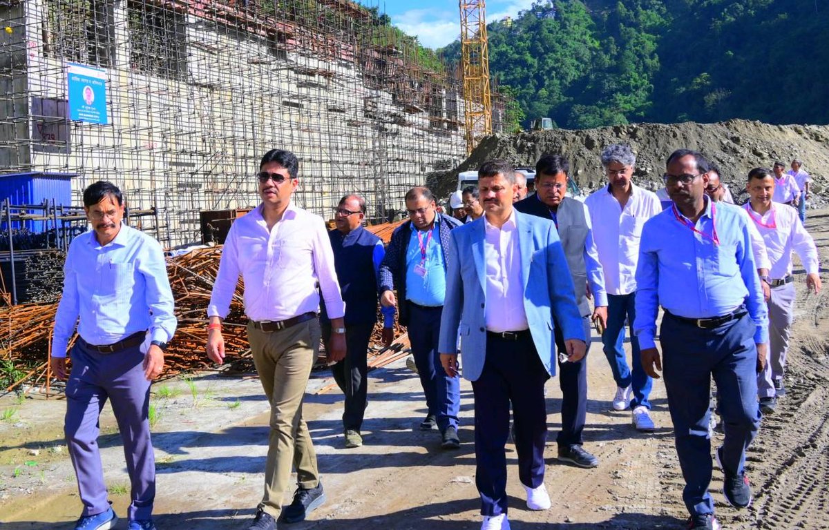 nhpcltd's tweet photo. Shri Bhupender Gupta, CMD, NHPC along with Shri Sanjay Kumar Singh, Director (Projects) and Shri Supraksh Adhikari, Director (Technical) visited the 510 MW NHPC Teesta-V Power Station from 2nd to 4th November 2025 to review the ongoing restoration works. The project had been badly affected by the flood that occurred during the intervening night of 3rd and 4th October 2023 due to the breach of Lhonak Lake in North Sikkim, and subsequently by a landslide over the TRT outlet in October 2024. 
During the visit, CMD NHPC inspected the Dam site at Dikchu, the under-construction GIS building and other vital installations. Shri Jitendra Kumar, Executive Director and Head of Project, Teesta-V Power Station, briefed CMD in detail about the restoration activities being carried out. Shri Anil Kumar Dash, Executive Director, Siliguri Region and Shri Umesh Kumar Nand, Executive Director, PMSG, were also present during the site visit.
CMD, NHPC expressed satisfaction with the progress of works being executed on a war footing at various fronts. Later, he reviewed the balance works with officials of Teesta-V Power Station and NHPC Corporate Office team and asked everyone to put in their best efforts to bring this flagship power station into operation by the end of FY 2025–26. #NHPC #Hydropower @MinOfPower @mlkhattar @officeofmlk @PIB_India