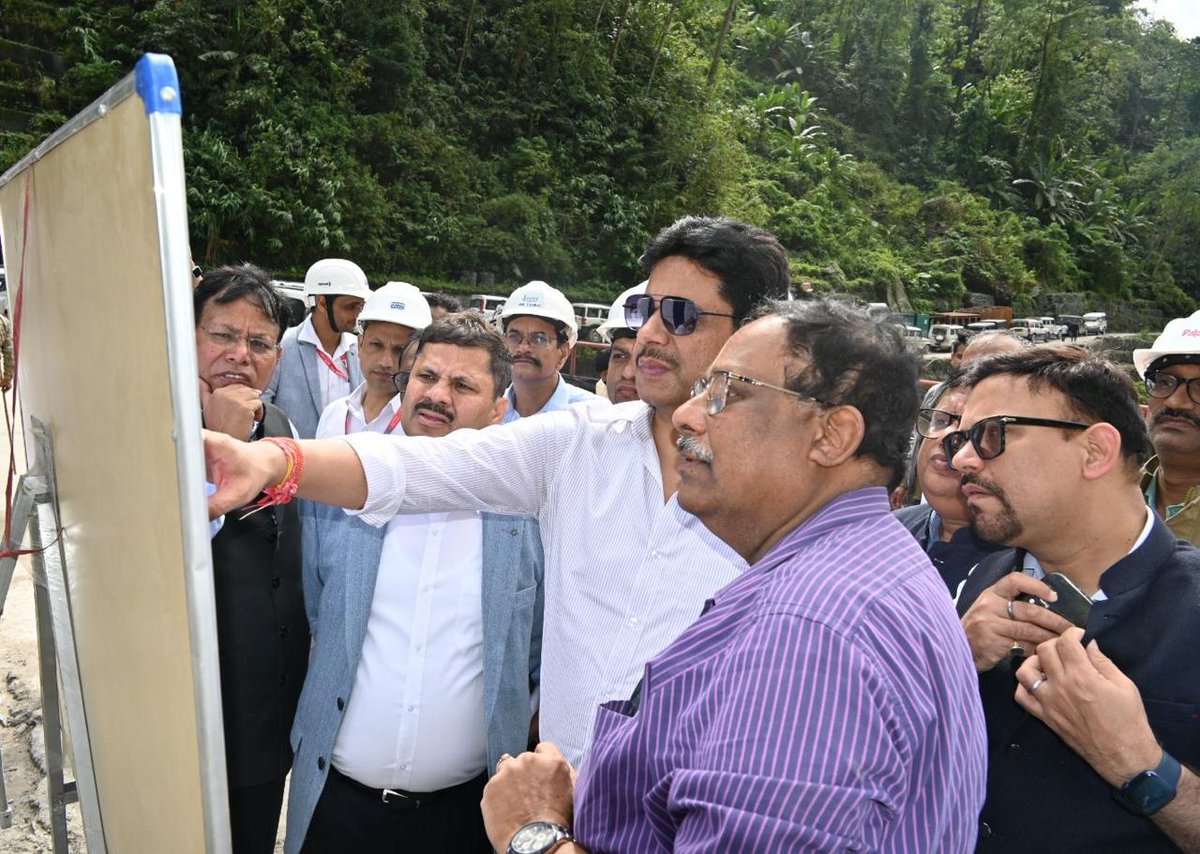 nhpcltd's tweet photo. Shri Bhupender Gupta, CMD, NHPC along with Shri Sanjay Kumar Singh, Director (Projects) and Shri Supraksh Adhikari, Director (Technical) visited the 510 MW NHPC Teesta-V Power Station from 2nd to 4th November 2025 to review the ongoing restoration works. The project had been badly affected by the flood that occurred during the intervening night of 3rd and 4th October 2023 due to the breach of Lhonak Lake in North Sikkim, and subsequently by a landslide over the TRT outlet in October 2024. 
During the visit, CMD NHPC inspected the Dam site at Dikchu, the under-construction GIS building and other vital installations. Shri Jitendra Kumar, Executive Director and Head of Project, Teesta-V Power Station, briefed CMD in detail about the restoration activities being carried out. Shri Anil Kumar Dash, Executive Director, Siliguri Region and Shri Umesh Kumar Nand, Executive Director, PMSG, were also present during the site visit.
CMD, NHPC expressed satisfaction with the progress of works being executed on a war footing at various fronts. Later, he reviewed the balance works with officials of Teesta-V Power Station and NHPC Corporate Office team and asked everyone to put in their best efforts to bring this flagship power station into operation by the end of FY 2025–26. #NHPC #Hydropower @MinOfPower @mlkhattar @officeofmlk @PIB_India