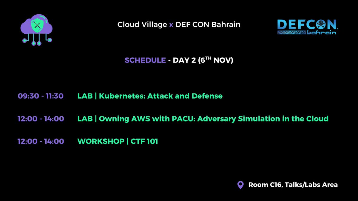 💜 That’s a wrap for Day 1 at <a href="/cloudvillage_dc/">Cloud Village</a>  x <a href="/defcon/">DEF CON</a>  Bahrain 🇧🇭! <a href="/AicsExpo/">Arab International Cybersecurity Conference & Expo</a> 

A massive thank you to everyone who joined us today for the talks, labs &amp; CTF action - the energy, learning &amp; community vibes were off the charts ☁️⚡

But we’re just getting started!
Here’s what’s