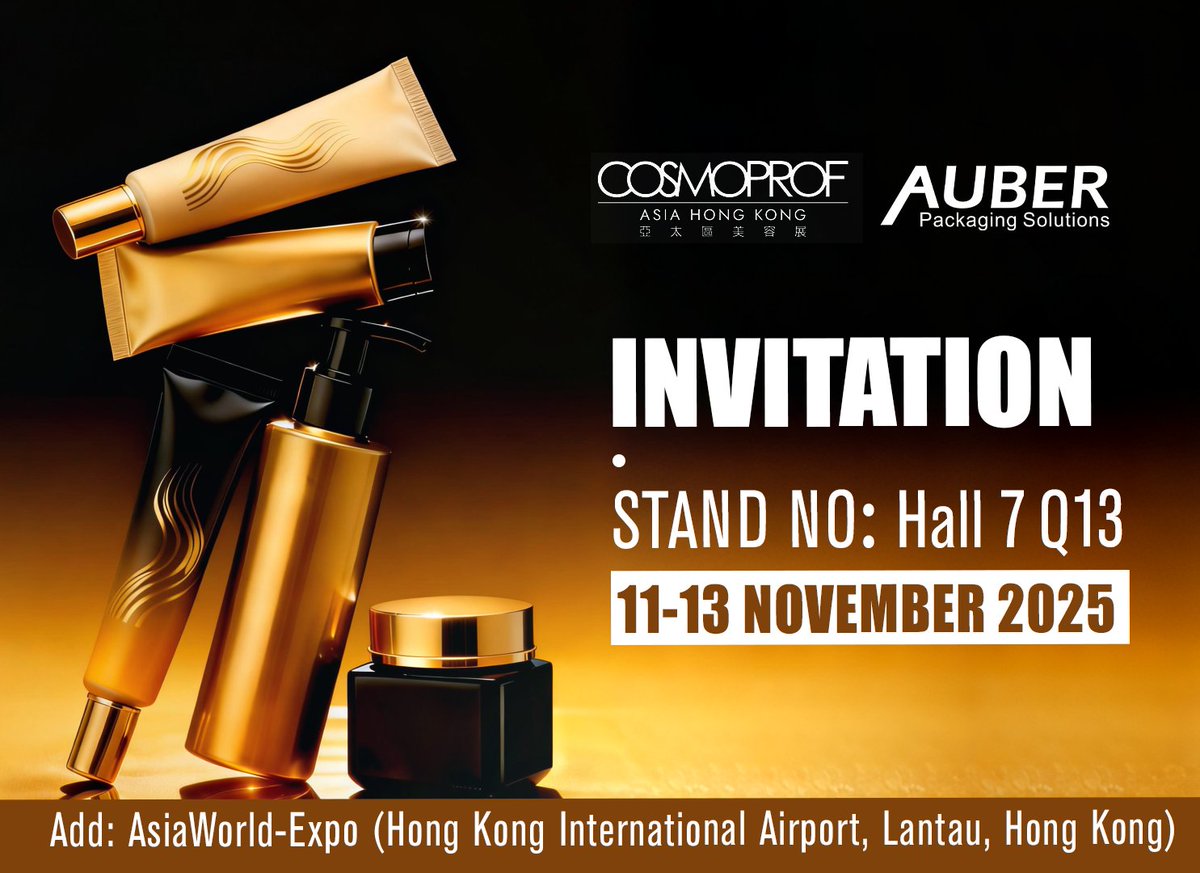 AuberPackaging's tweet image. Auber Packaging is coming to Hong Kong! 
Booth: Hall 7 – Q13
Date: November 11–13, 2025
Location: Hong Kong AsiaWorld-Expo
Contact us: 
📧 info@cosmetic-tube.com |
📞+86-20-38882580
🌏cosmetic-tube.com/Cosmopack-Asia…
🌏auberpackaging.com/article-566196…
#CosmoprofAsia #Cosmopack #AuberPackaging