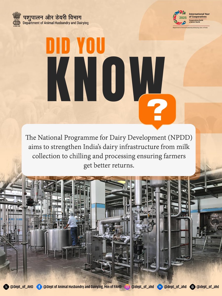 Dept_of_AHD's tweet image. From milk collection to chilling and processing – NPDD is building a stronger dairy infrastructure across India. 

Empowering farmers with better facilities, fair prices, and improved livelihoods. 

#NPDD #DairyDevelopment #EmpoweringFarmers #DAHDIndia