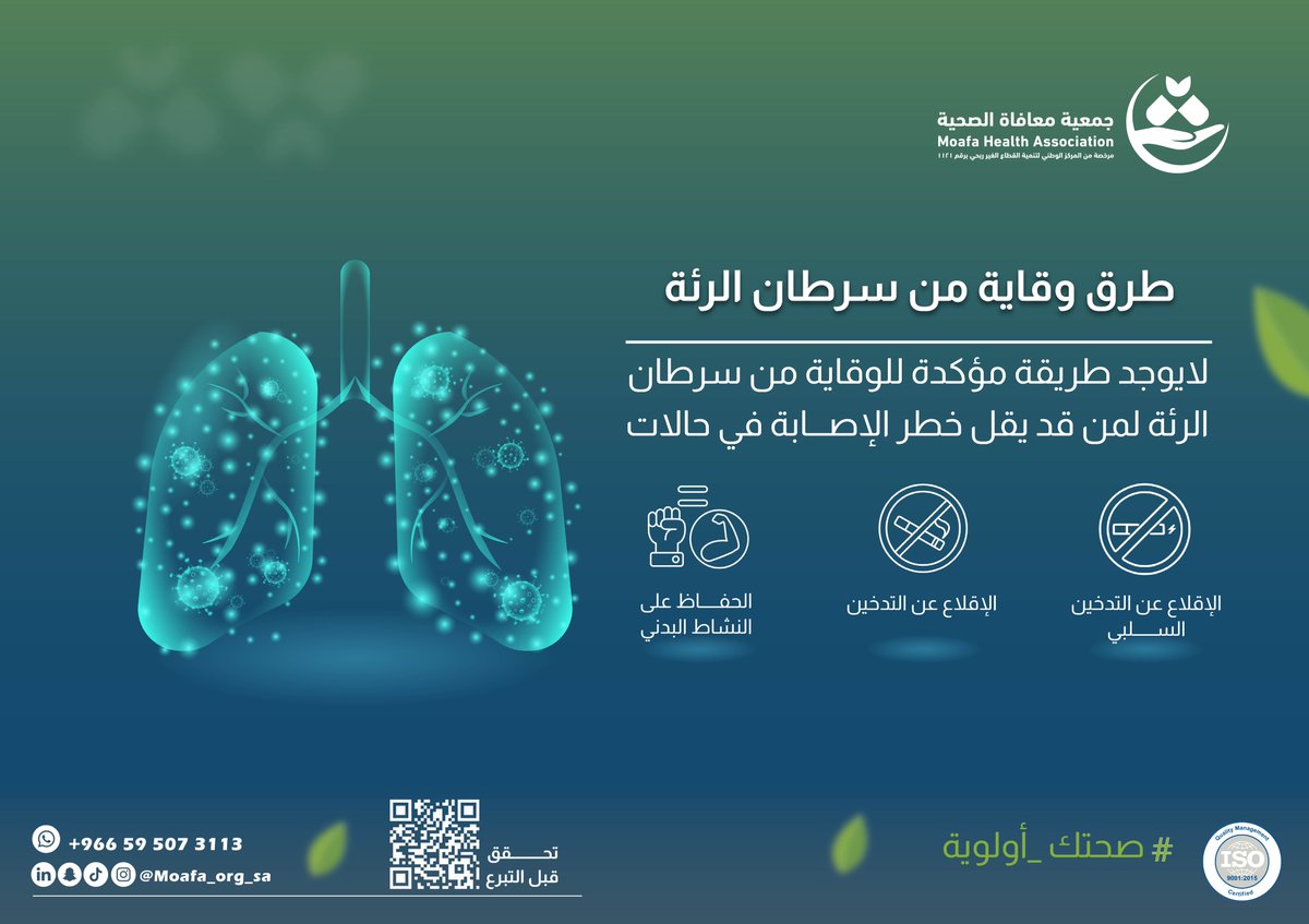 🍃حرصًا من جمعية معافاة الصحية على تعزيز الوعي الصحي نُشارككم أهم سُبل الوقاية من سرطان الرئة
ورغم أنه لا توجد طريقة مؤكدة للوقاية منه، إلا أن اتباع نمط حياة صحي يقلل من خطر الإصابة بإذن الله

🌿 طرق الوقاية:
الإقلاع عن التدخين وعدم التعرض للتدخين السلبي.
تجنّب التعرض للمواد