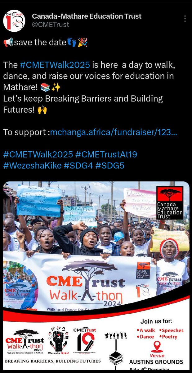 Marykaranja001's tweet image. Are you guys ready, come join us @CMETrust for the walk as we break barries don&apos;t be left out.
To support :mchanga.africa/fundraiser/123…

#CMETWalk2025 #CMETrustAt19 #WezeshaKike #SDG4 #SDG5
