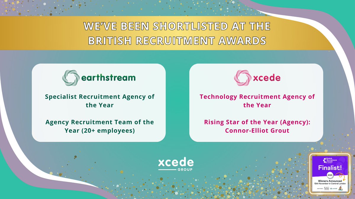 🏆 1 week to go until the British Recruitment Awards! We’re proud to be nominated across four incredible categories. We're looking forward to the results! 🎉

#britishrecruitmentawards #xcedegroup #xcede #earthStream #teamwork #awardnominees #finalists