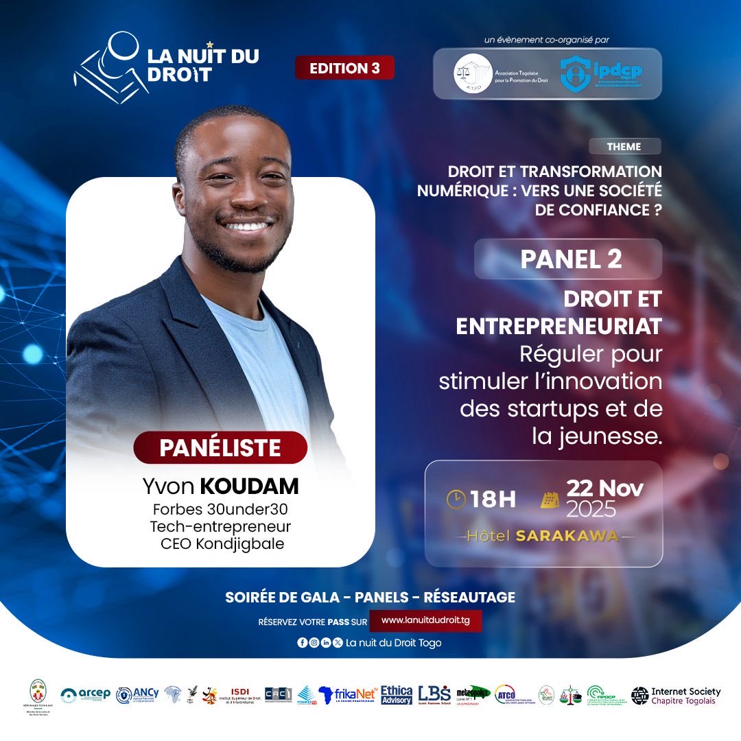 📢 𝗟𝗡𝗗𝗗 𝗧𝗼𝗴𝗼 | 𝟯è𝗺𝗲 é𝗱𝗶𝘁𝗶𝗼𝗻 | 𝗗é𝗰𝗼𝘂𝘃𝗿𝗲𝘇 𝗻𝗼𝘁𝗿𝗲 𝗽𝗮𝗻é𝗹𝗶𝘀𝘁𝗲
Lauréat Forbes Afrique “30 under 30” (2023) et membre des 100 leaders mondiaux de Meaningful Business (2022), il partage son engagement pour une innovation responsable et inclusive en 🌍