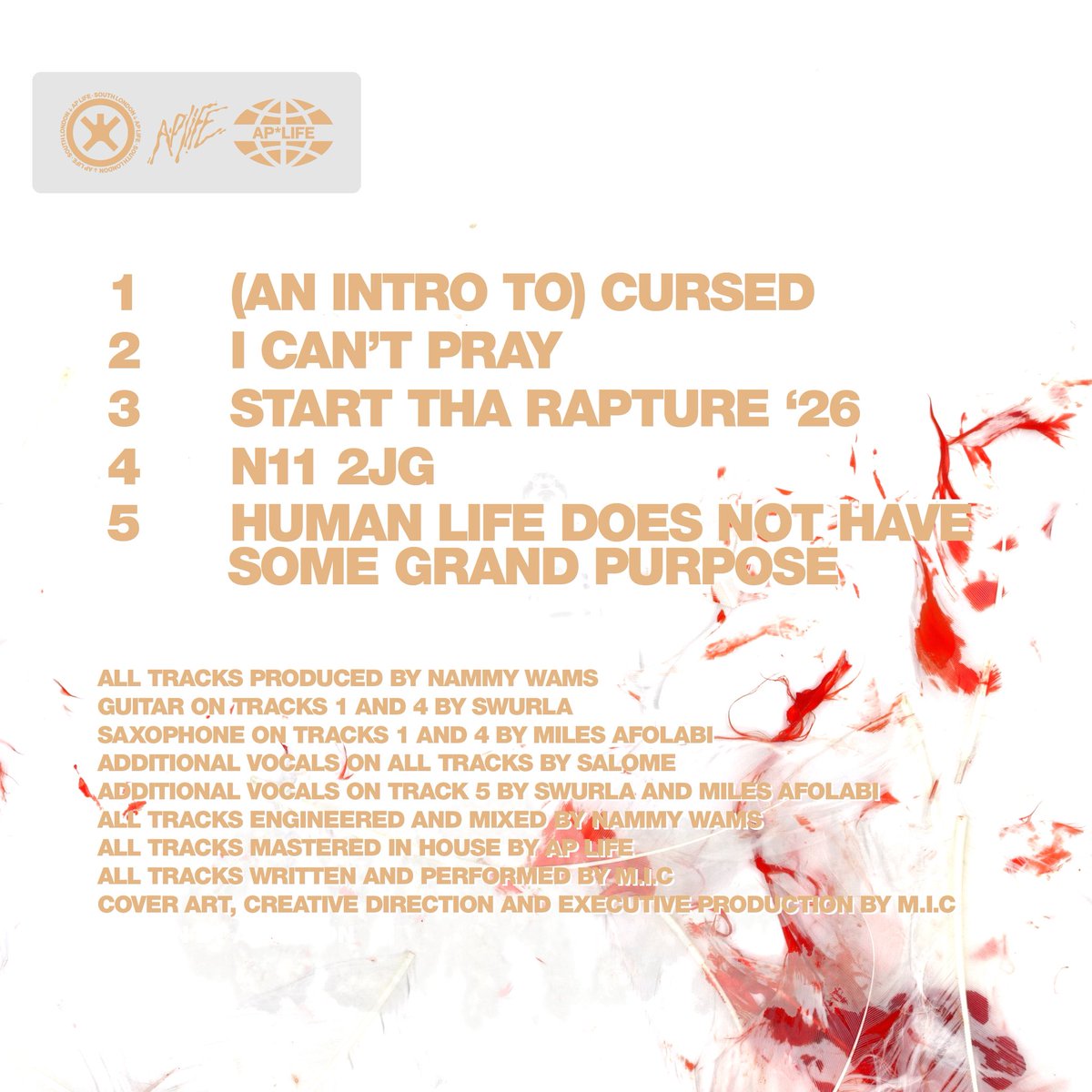 OUT NOW: M.I.C &amp; NAMMY WAMS -  CURSED

1. (An Intro to) CURSED
2. I Can’t Pray
3. Start the Rapture ‘26
4. N11 2JG
5. Human Life Does Not Have Some Grand Purpose
Bandcamp exclusive bonus - Angelblood 

#CURSED 

𝔄𝔓𝔏𝔦𝔣𝔢013
<a href="/DRYAKUBSLAB/">m.i.c is cursed</a> 
<a href="/MADDISH1/">tuesdays 8-10pm 97.8fm nammy wams</a> 

ffm.to/mic-cursed