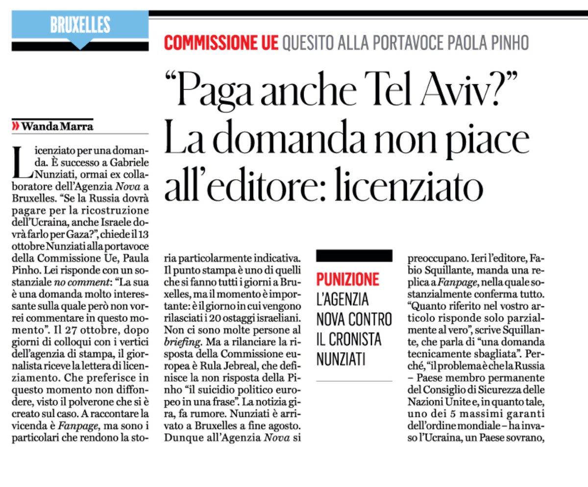 Fai una domanda  “scomoda”- sulle responsabilità di Israele - e l’editore ti licenzia.
Poi dici qual è il problema di questo Paese.

(Siccome conosco il milieu, anticipo: no, non è stato poco accorto. No, non ci sono cose che non si possono chiedere. I giornalisti domandano)