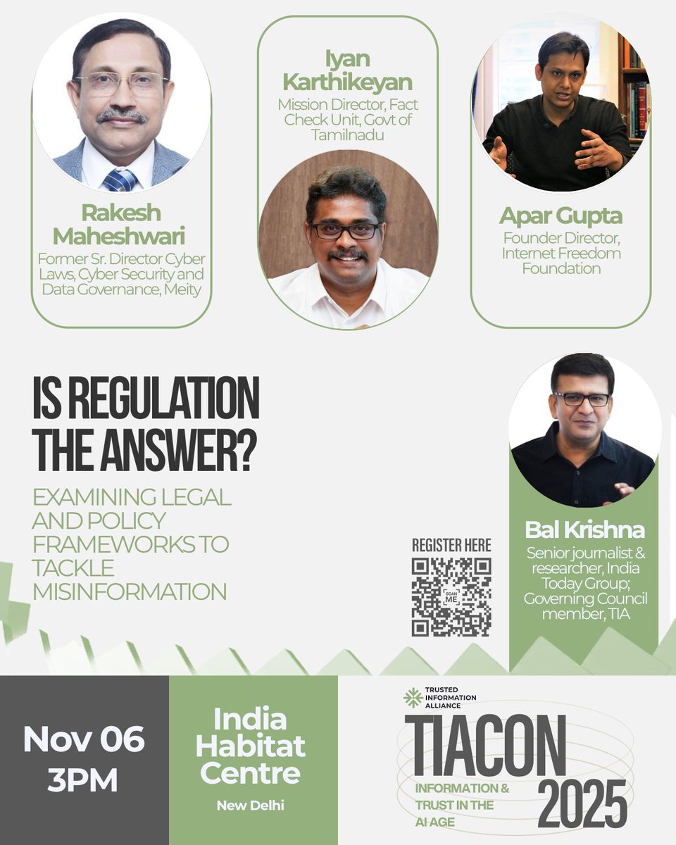Regulation &amp; Misinformation
Join us at #TIACON2025

🗣️ <a href="/bala3047/">Balkrishna</a> India Today Group &amp; TIA
🗣️ Rakesh Maheshwari, Former Sr. Director, MeitY
🗣️ <a href="/Iyankarthikeyan/">Iyan Karthikeyan</a> Fact Check Unit,Govt. of Tamil Nadu
🗣️ <a href="/apar1984/">Apar Gupta</a> <a href="/internetfreedom/">Internet Freedom Foundation (IFF)</a> 

🔗forms.gle/9n6aNMbEcDSXrz…
#AI #Misinformation