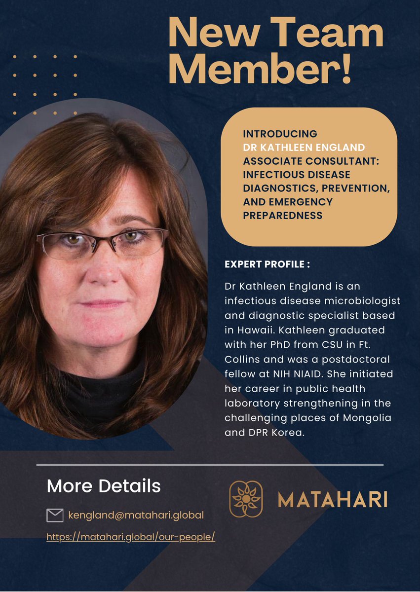 MatahariGlobal's tweet photo. We’re delighted to welcome Dr Kathleen England to the Matahari team! 🎉 She joins us as Associate Consultant in Infectious Disease Diagnostics &amp; Emergency Preparedness. In these challenging times, we’re thrilled to have her on board our growing team. 🌍 https://t.co/b2WLgoOE0O