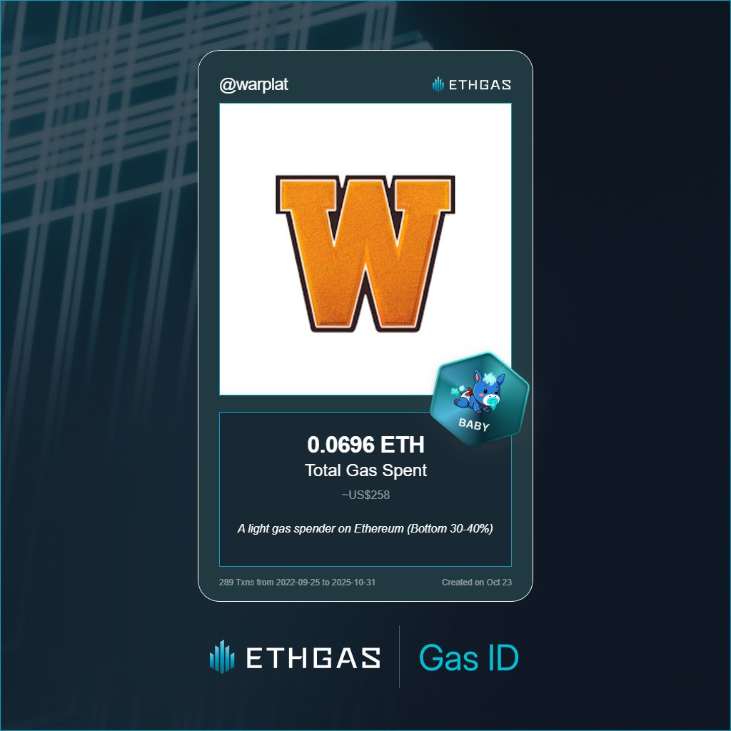 warplat's tweet photo. Discovered my Gas ID via ETHGas - turning my gas spend into rewards 🫘

As a Baby Jack, I've spent 0.0696 ETH on gas but earned 16 Beans back.

Get your Gas ID and Beans here: https://t.co/hNIHu3AVfy https://t.co/ogDfPRip6z