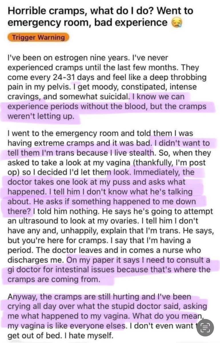 sappholives83's tweet image. I posted this earlier, but noticed something else I wanted to point out. Dude’s been on estrogen for NINE YEARS, but didn’t start getting “cramps” until recently - when the MTF community as a whole began pretending to get their “periods.”

This is social contagion. Nothing more.