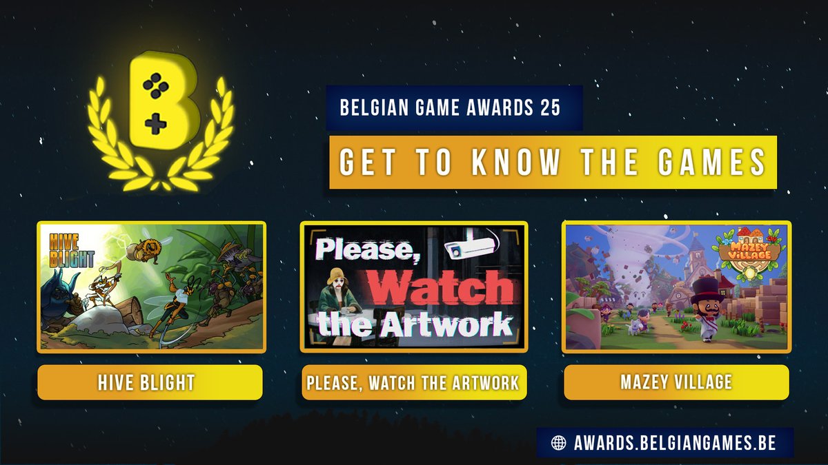 belgian_games's tweet image. Here are three more games that have submitted for this year&apos;s Belgian Game Awards! #BGA25

🖤 Hive Blight by @OptizOnionGames 
💛 Please, Watch the Artwork by @ThomasWaterzooi 
❤️ Mazey Village by @SlappyInc 

More info on each game: awards.belgiangames.be