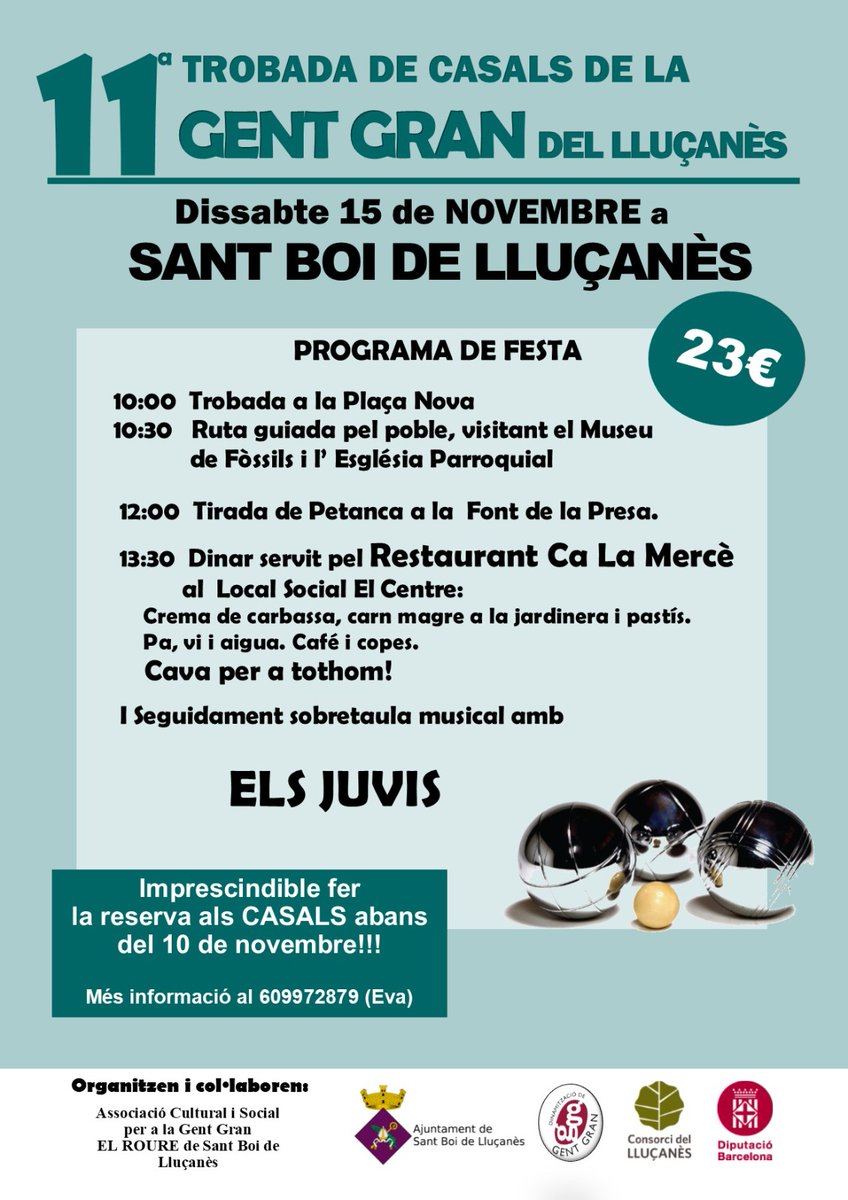 🎉 Arriba l'11a Trobada de Casals de la Gent Gran del #Lluçanès!

🤗 El pròxim dissabte dia 15, els diferents casals es reuniran a Sant Boi de Lluçanès!

🗓 Inscripcions fins al 10 de novembre

👉 Apunta’t al casal del teu poble o truca al 609 972 879

#TrobadaCasalsdelaGentGran