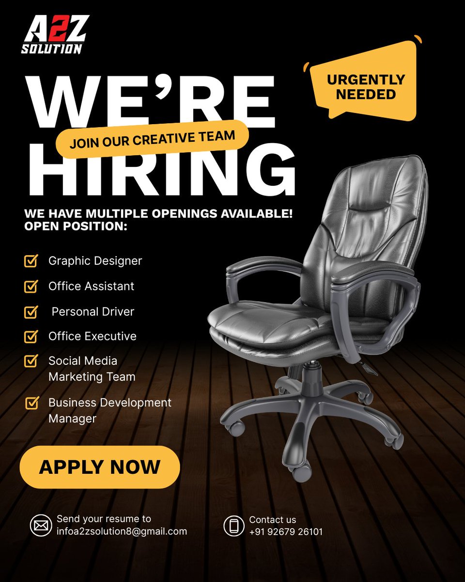 SunderBhati01's tweet image. 🚀 We’re Hiring!
Join our growing team and build your dream career with A2Z Solution – Your Ultimate Placement Partner 💼

#A2ZSolution #WeAreHiring #JobAlert #GraphicDesigner #OfficeAssistant #DriverJobs #MarketingJobs #BusinessDevelopment #OfficeExecutive #PlacementAgency
