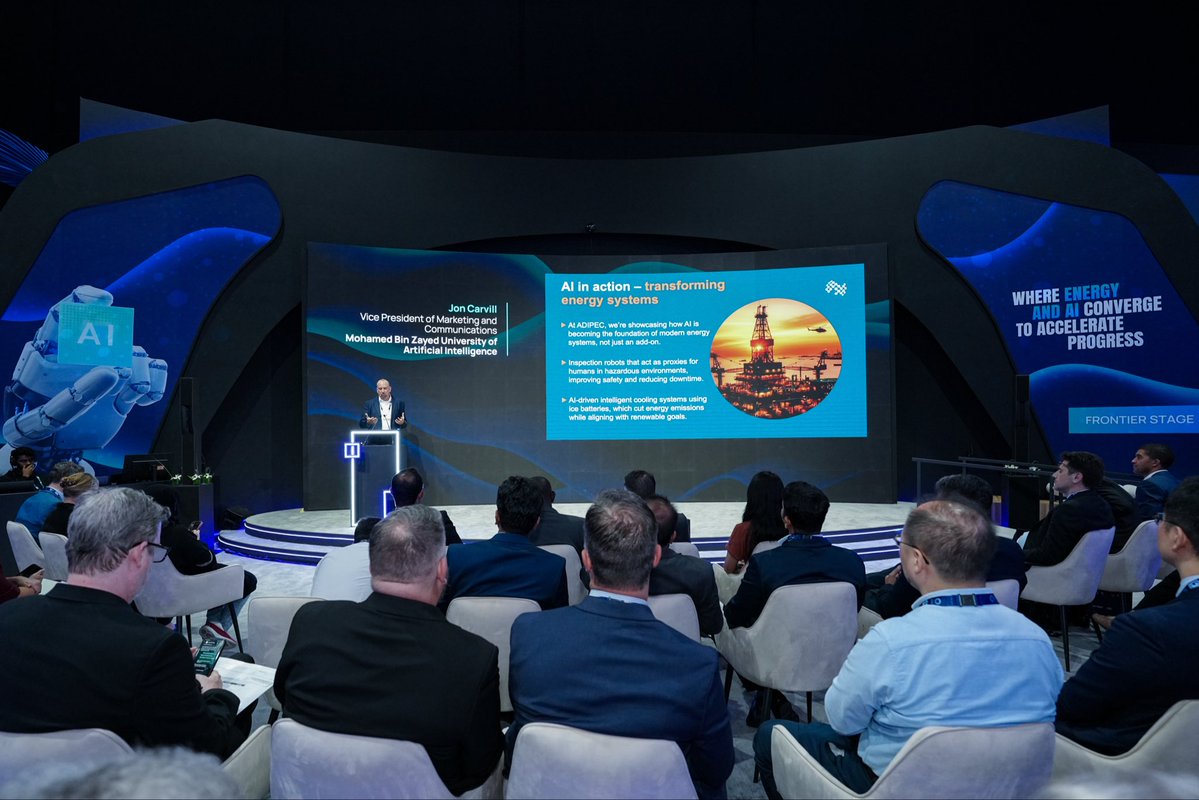mbzuai's tweet image. Jon Carvill, VP for Marketing and Communications on the Frontier stage of #ADIPEC2025 :
 &apos;AI is transforming everything, it has become critical infrastructure for global industries. From Abu Dhabi, MBZUAI is a flywheel driving AI innovation, through impactful collaboration we’re…