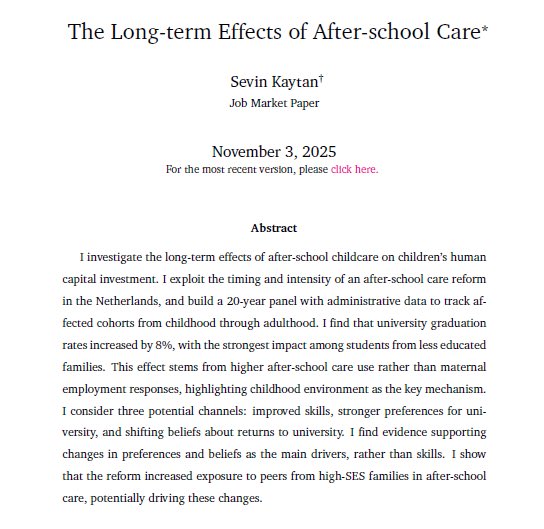 📣Hi #econtwitter! I am on the job market! 📣
My JMP builds a 20-year panel showing an after-school care reform increased university grad. rates. The key: moving children from home to care centers →peer interactions shaped preferences/beliefs—not skills.

sevinkaytan.com