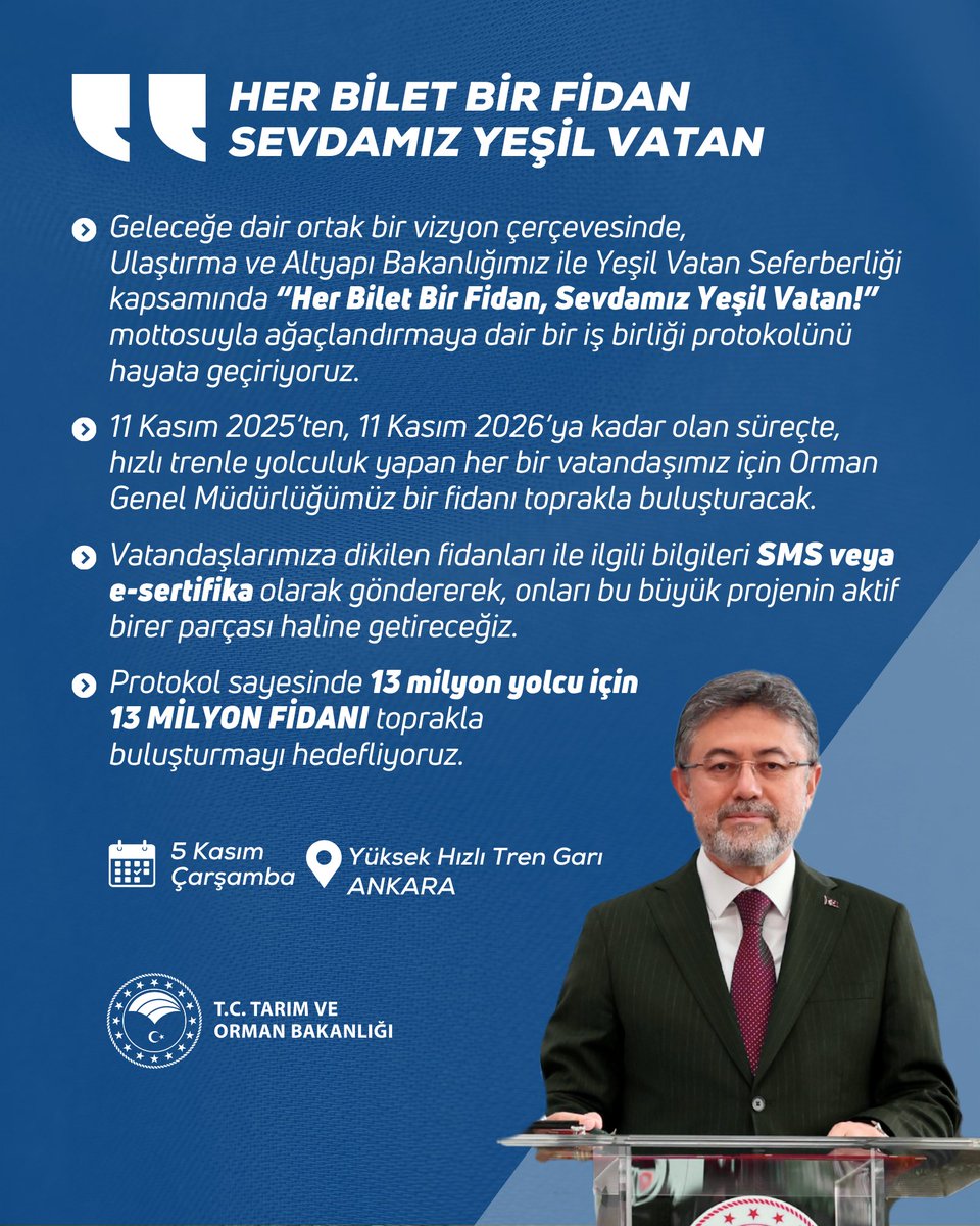 TCTarim's tweet photo. Bakanımız Sayın @ibrahimyumakli:

❝Ulaştırma ve Altyapı Bakanlığımız ile Yeşil Vatan Seferberliği kapsamında “Her Bilet Bir Fidan, Sevdamız Yeşil Vatan!” mottosuyla ağaçlandırmaya dair bir iş birliği protokolünü hayata geçiriyoruz.❞ https://t.co/ErCxk78U2w