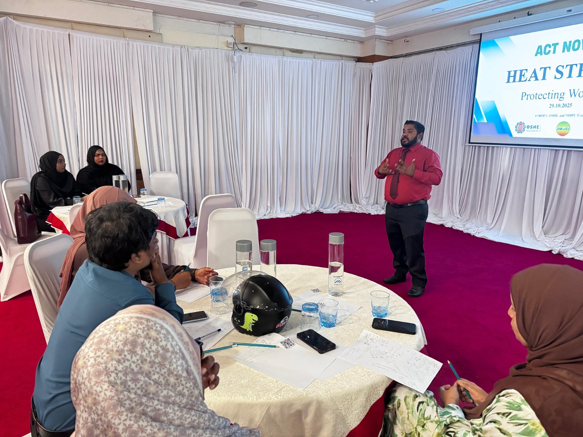 MaldivesHPU's tweet photo. Maldives Health Professionals Union (MHPU), in collaboration with @AnroevNetwork and OSHE International, held a stakeholder consultation on 29th October 2025 aimed at fostering tripartite dialogue and generating practical policy recommendations to address workplace heat stress in various workplace settings.

Acknowledging the climate-induced temperature changes that are exposing workers across multiple sectors — such as fisheries, tourism, aviation, and ports — to heat stress, we must act immediately to prevent adverse outcomes.

Representatives from @MoTmv , @MoHEmv , @HPA_MV , @Official_LRAmv , @mtucMV , @TEAMmaldives , @TAMaldives , Advocate for Workers Safety and Rights (AWSR Maldives) and @pilcmv participated in this session.

#heatstress #OSHE
@MoHmv @PSIasiapacific @SolidarityCentr @governmentmv