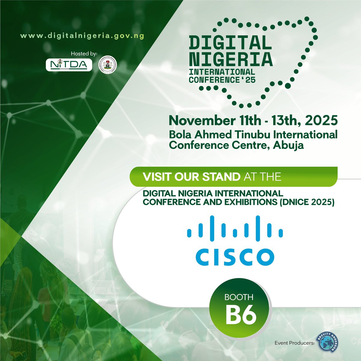 DNIConference's tweet image. We’re thrilled to have @Cisco exhibiting at #DigitalNigeria2025! 💡
From cybersecurity to connectivity, Cisco is powering the digital future — and you’ll get to experience it live.

📍 Abuja | Nov 11–13
🎟️ Register FREE 👉 digitalnigeria.gov.ng

#TechForTheFuture