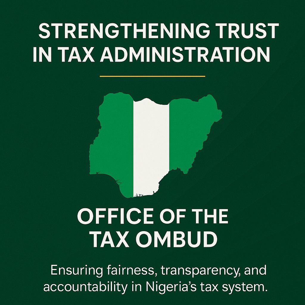 taiwoyedele's tweet photo. 𝐀𝐩𝐩𝐨𝐢𝐧𝐭𝐦𝐞𝐧𝐭 𝐨𝐟 𝐭𝐡𝐞 𝐓𝐚𝐱 𝐎𝐦𝐛𝐮𝐝 

The Presidential Fiscal Policy and Tax Reforms Committee congratulates Dr. John Nwabueze on his appointment as the Tax Ombud by President Bola Ahmed Tinubu, GCFR in accordance with Part VI of the Joint Revenue Board of Nigeria (Establishment) Act, 2025. 

The establishment of the Office of the Tax Ombud marks the beginning of a new era in the relationship between taxpayers and revenue authorities, one built on trust, due process and mutual respect. 

Under the new law, the Office of the Tax Ombud is an independent statutory body empowered to: 

• Receive, review, and resolve taxpayer complaints relating to taxes, levies, customs duties, excise matters, and regulatory fees;

• Investigate administrative or procedural unfairness in the conduct of tax authorities;

• Ensure impartial and non-adversarial dispute resolution, protecting taxpayers from arbitrary or abusive practices; and

• Promote awareness of taxpayer rights and obligations through education, guidance, and transparency initiatives. 

This is one of the citizen-centred measures under the new tax reform laws to protect taxpayer rights and ensure that Nigeria’s tax administration serves the public interest, supports enterprise, and upholds justice in all fiscal matters. 

— 𝘗𝘳𝘦𝘴𝘪𝘥𝘦𝘯𝘵𝘪𝘢𝘭 𝘍𝘪𝘴𝘤𝘢𝘭 𝘗𝘰𝘭𝘪𝘤𝘺 𝘢𝘯𝘥 𝘛𝘢𝘹 𝘙𝘦𝘧𝘰𝘳𝘮𝘴 𝘊𝘰𝘮𝘮𝘪𝘵𝘵𝘦𝘦