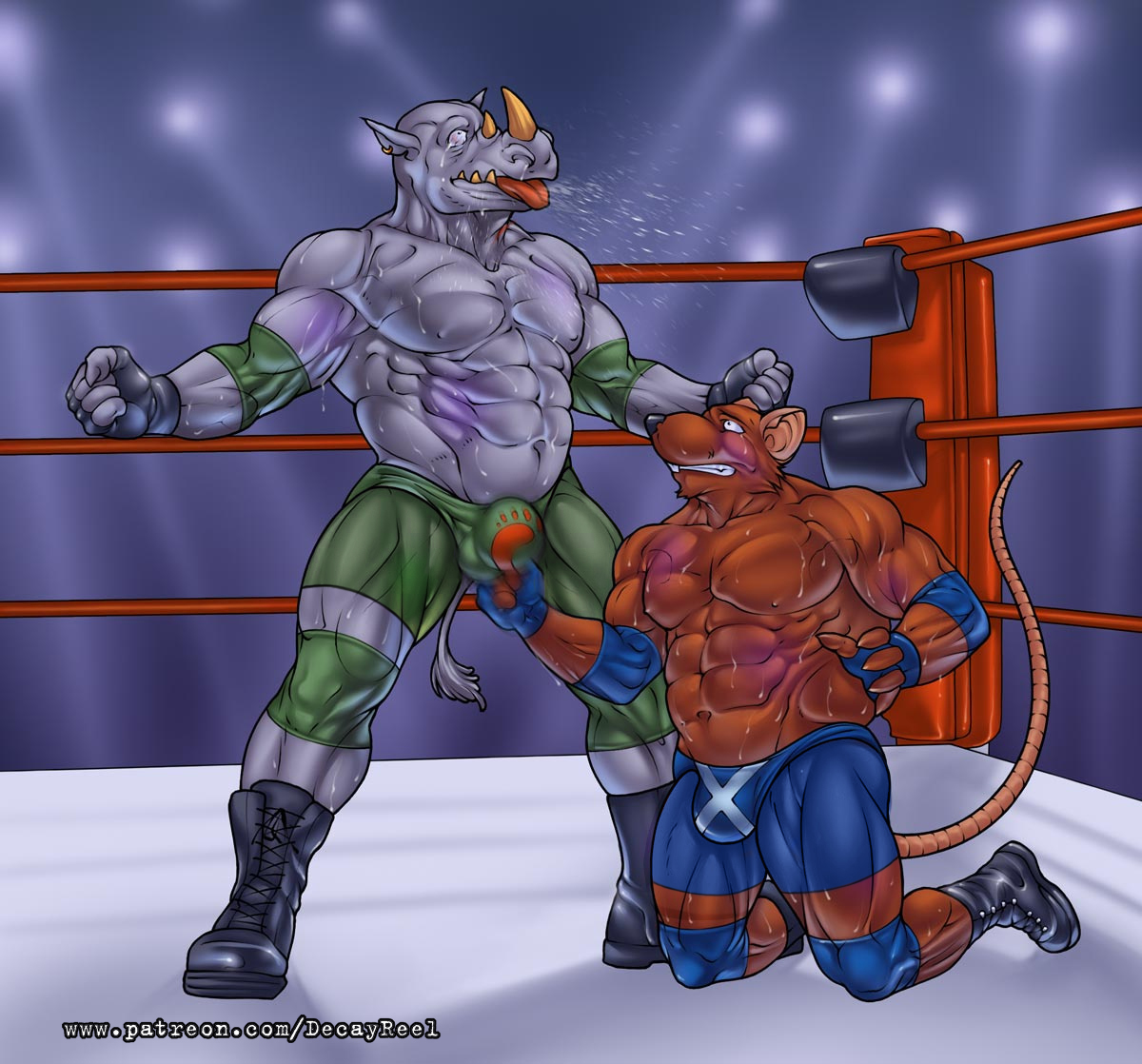 Zonino arrogantly entered a match against an opponent who is bigger than him and paid the price.
Kneeling in front of his opponent, realizing that defeat is inevitable, in desperation he decided to break the rules with forbidden blow, just not to feel the bitter taste of defeat.
