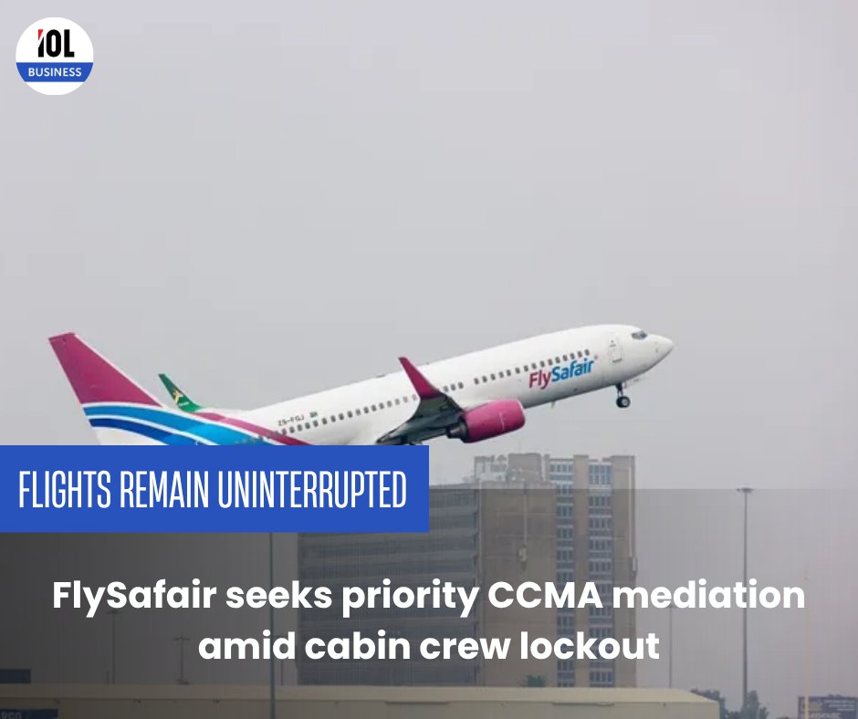 IOL's tweet image. Despite a wage dispute and an employer-initiated work stoppage, FlySafair confirms all flights are operating on schedule as talks with the cabin crew union stall.
#FlySafair #SACCA #CabinCrew #StrikeAction #WageDispute
Read on tinyurl.com/bde4xpaa