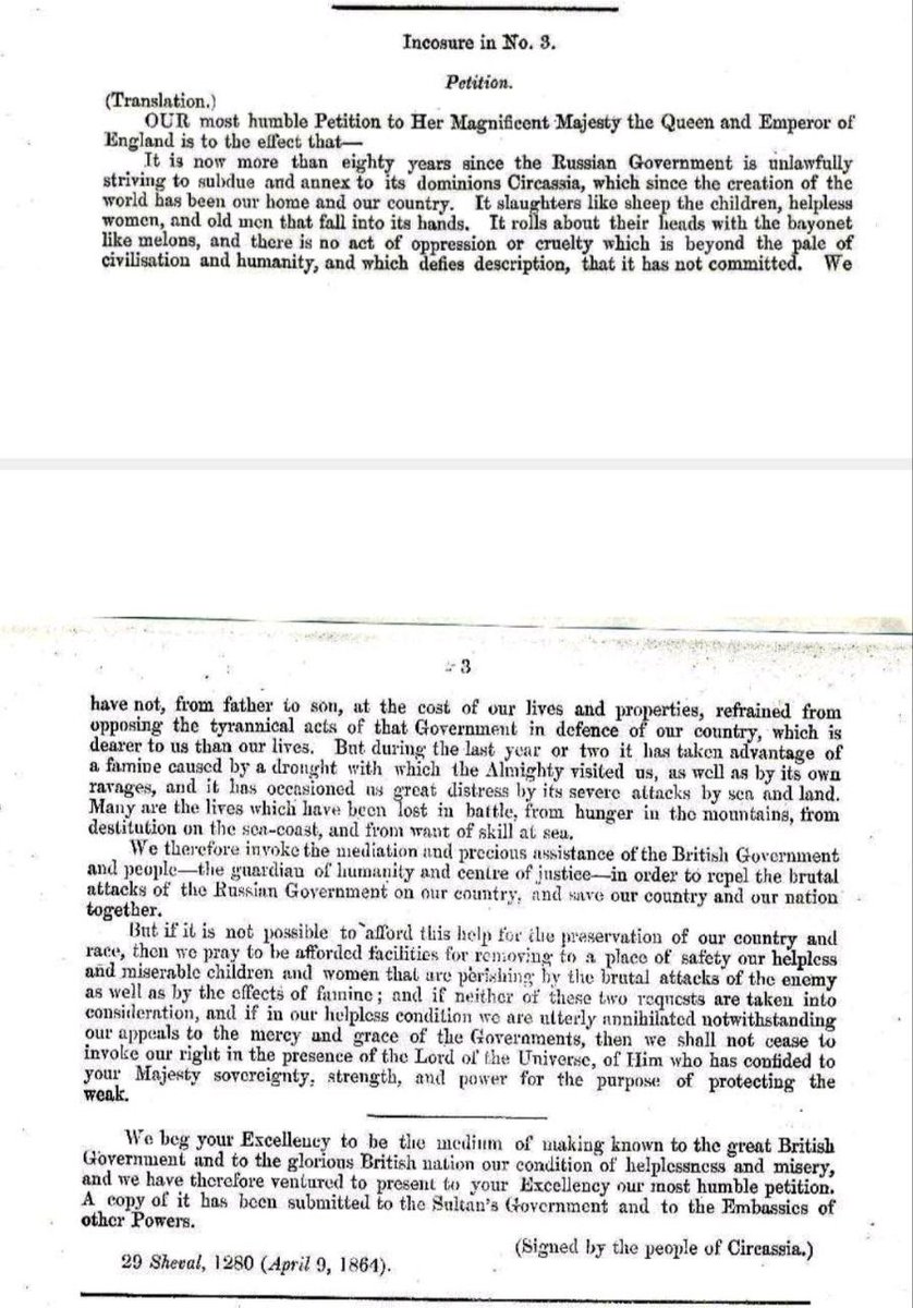 StratcomCentre's tweet image. A reminder that Russia&apos;s model of genociding nations, then forcing survivors to be &quot;Russian&quot; is the basis for Moscow’s empire, and it hasn&apos;t changed for hundreds of years.

Here is the 1864 plea from the nation of Circassia to Great Britain, asking for help as Russians massacred…