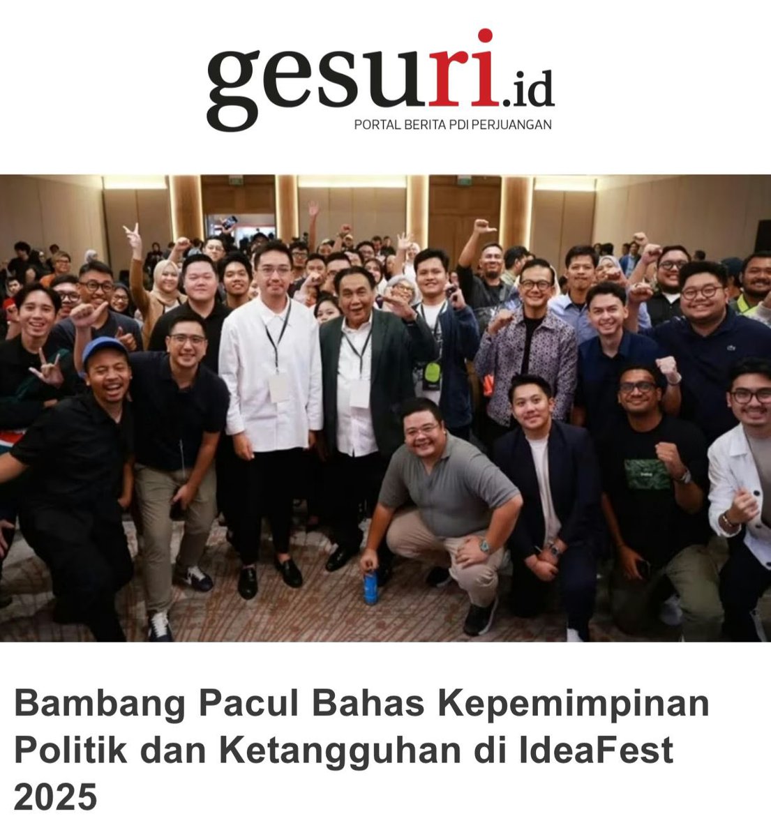 Korea Melenting 🔥

Wakil Ketua MPR RI sekaligus Politikus Senior PDI Perjuangan, Bambang Wuryanto (Bambang Pacul) hadir sebagai pembicara dalam ajang IdeaFest 2025.

Bambang Pacul mengulas perpaduan antara kepemimpinan politik yang berani, ketangguhan mental, serta nilai-nilai