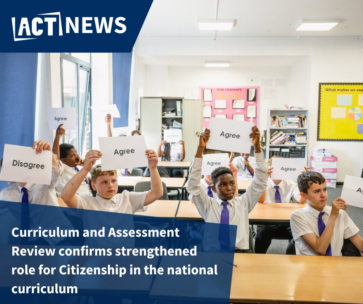 ACT welcomes the Government's formal response to the Curriculum &amp; Assessment Review report which confirms #CitizenshipEducation will become compulsory in primary schools!  Read more about the report's recommendations: ow.ly/80QZ50XmZw4   #CurriculumandAssessmentReview