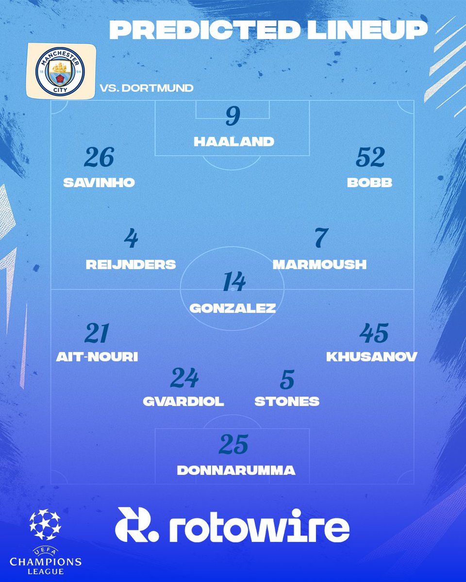 RotoWireSoccer's tweet image. It’s Manchester City vs Dortmund tonight at the Etihad! 🔥 
🔵 Ait-Nouri and Khusanov could start out wide, with Marmoush stepping into midfield. 
👟 Who will feed the machine, Erling Haaland, as he faces his former club?

Dortmund come in red-hot after four straight wins across…