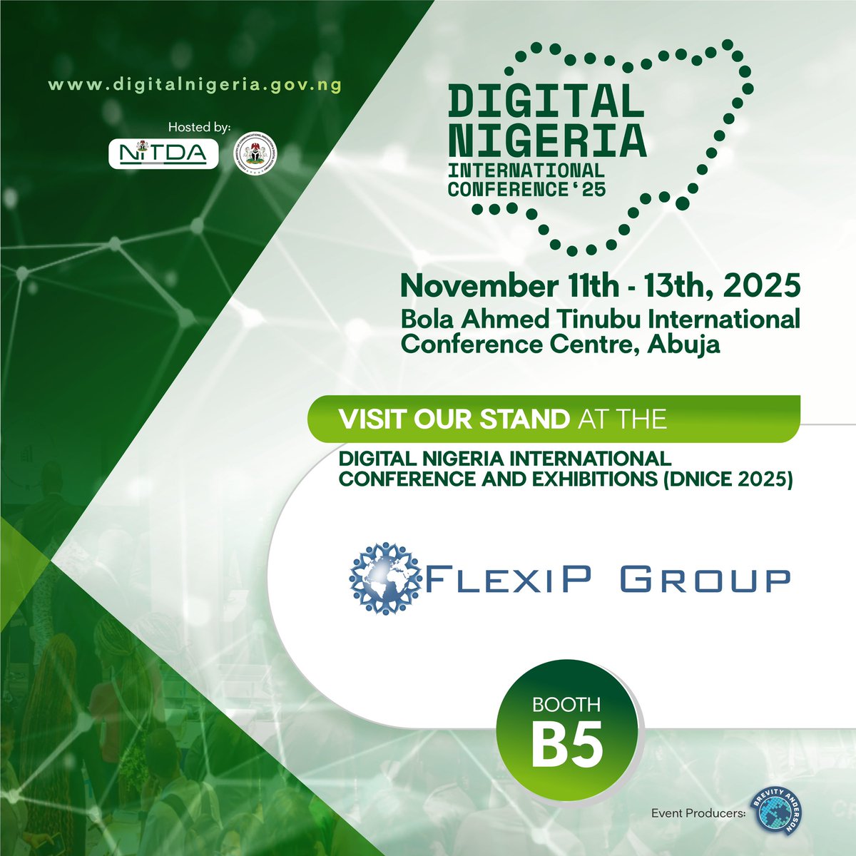 DNIConference's tweet image. Proud to have Flexip Group @FpgTechnologies exhibiting at #DigitalNigeria2025! 💡
Join us in Abuja to explore innovations shaping Africa’s digital future.

📍 Nov 11–13 | Abuja
🎟️ Register FREE 👉 digitalnigeria.gov.ng

#TechForTheFuture #DigitalNigeria