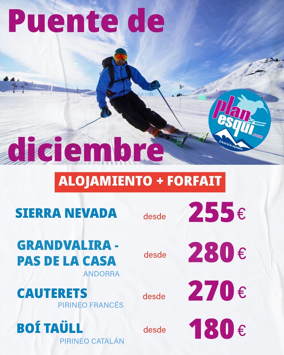planesqui's tweet photo. 🎿 ¡Arranca la temporada de esquí con el Puente de Diciembre! ❄

Te traemos los mejores precios de Alojamiento + Forfait en los Pirineos, Andorra, o Sierra Nevada 🏔️ 

No esperes más y entra ya en https://t.co/lTaQpnw5AN para reservar tu viaje a la nieve en tu destino favorito🏂 https://t.co/AsAUaaY5UZ