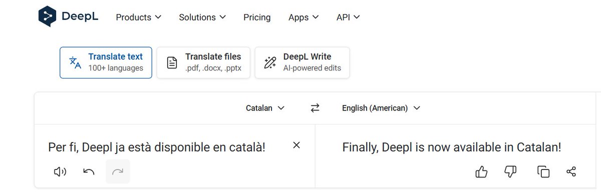 #ÈXIT | En l'àmbit de la traducció, també entre els professionals, l'eina de traducció <a href="/DeepLcom/">DeepL</a> es considera l'aplicació de més qualitat i rigor lingüístic. 🖥

Després de dos anys picant pedra amb l'empresa, hem aconseguit que incorporin el català.

És una MOLT bona notícia! 💥