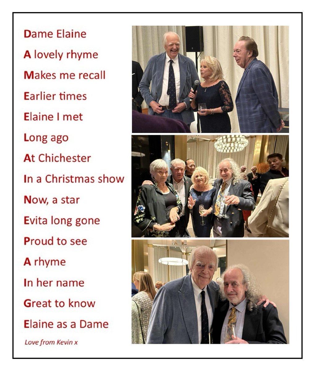 kevinshortcut's tweet image. Lovely to share in the celebration of Dame @elaine_paige&apos;s investiture yesterday. Old friends and colleagues in fine form. Huge congratulations, dear Dame Elaine, and here are a few shots and a little acrostic verse!