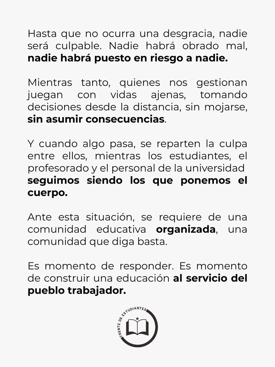 La alerta naranja ya está activa en Sevilla⚠️, pero las clases siguen sin suspenderse. Decisiones tardías, manos lavadas, y la responsabilidad recae sobre quienes estudian o trabajan.

Hasta que no ocurra una desgracia, nadie será culpable. 

Es momento de responder. Organízate.