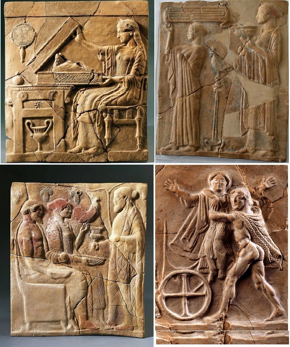 ArteCalabria's tweet image. Pinakes, tavolette in argilla del V sec. a.C. ideate e prodotte dai ceramisti di Locri per la devozione a Persefone. In ambito cultuale locrese era correlato alla fanciulla che diventa donna. Conservate tra il museo di Locri e Reggio Calabria 
#Calabria #ancient #art #heritage