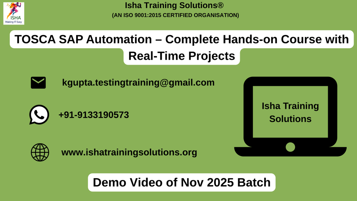 IshaKumargupta's tweet image. “TOSCA SAP Automation&quot;-Live Training Demo Video
youtu.be/C02y4SZp9gM
Enrollments are still in progress
Regular sessions will start from:
5th Nov @ 9:00 PM(IST)/5th Nov @ 10:30 AM(EST)
Price: 7,900 INR/99 USD
call@+91-9133190573
ishatrainingsolutions.org/courses/tosca-…
#TOSCA #SAPAutomation