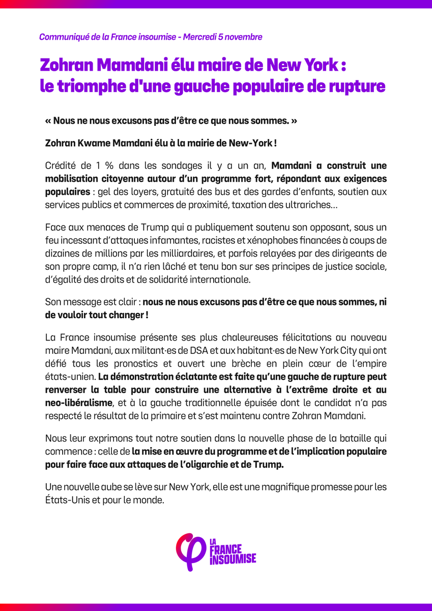 🔴 Zohran Mamdani élu maire de New York : le triomphe d’une gauche radicale et populaire ! 

Retrouvez le communiqué de la France insoumise : lafranceinsoumise.fr/2025/11/05/zoh…