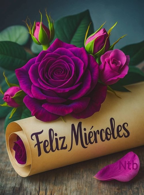 Purple roses with green leaves and buds surround a beige rolled scroll on a wooden surface. The scroll has black handwritten text reading Feliz Miércoles. A single pink rose petal lies nearby.