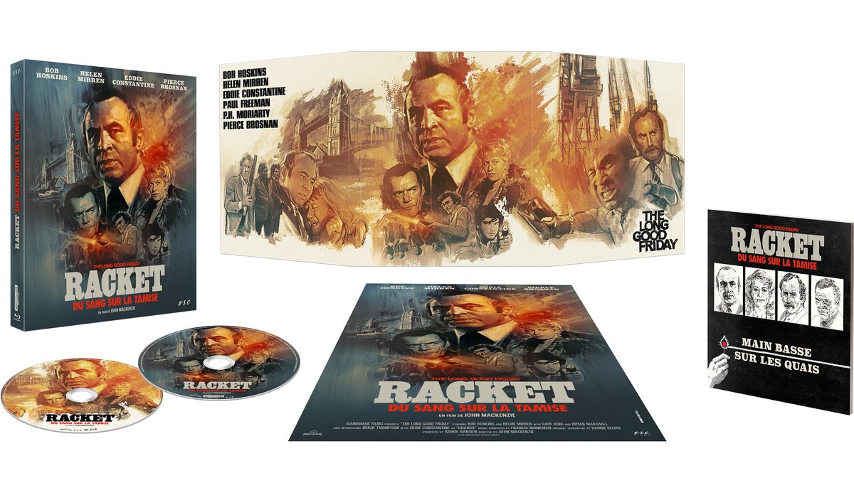 Bob Hoskins, Helen Mirren, Pierce Brosnan et Eddie Constantine dans "Racket (Du sang sur la Tamise)" ("The Long Good Friday", John Mackenzie, 1980) en Digipack illustré par <a href="/studiotstella/">Tony Stella</a>, 4K Ultra HD/Blu-ray/livret/90' de bonus, le 3/12 chez <a href="/ESC_Films_/">ESC Films</a> : dvdfr.com/dvd/f302563-ra…