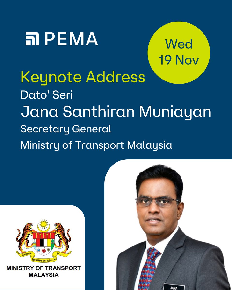 PEMASecretary's tweet image. Keynote Speaker Announcement #PEMA2025KL

Dato&apos; Seri Jana Santhiran Muniayan is currently the Secretary General for Ministry of Transport. He has been serving the Malaysian Government as an Administrative and Diplomatic Service Officer for 27 years.